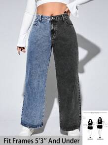 SHEIN PETITE CURVE Plus Size Women Black & Blue Denim Patchwork Loose Fit Pants - Multicolor - View 1