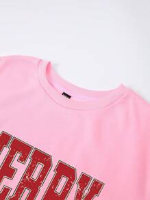 SHEIN EZwear Áo nỉ dài tay in chữ cổ tròn thường ngày đa năng cho nữ nhân dịp Giáng sinh - Hồng - Xem 5