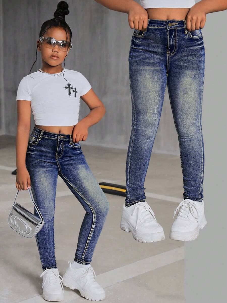 SHEIN 青少年女孩 Y2K 时尚石洗高腰紧身牛仔裤，返校服装 - 深色水洗藍 - 查看 1