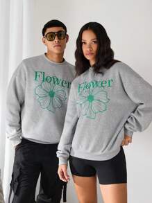 Manfinity INSISELF Sudadera holgada de cuello redondo con gráfico floral, de manga larga, color gris oscuro, para ir de salida, como regalo para amigos, esposo o novio