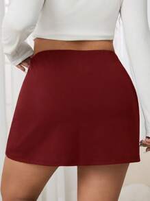 SHEIN EZwear 大码女式休闲纯色酒红色裙裤，带口袋和衬里，夏季 - 酒紅色 - 查看 2