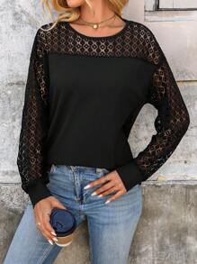 INAWLY 女士圆领蕾丝拼布长袖T恤，秋冬春季 - 黑色 - 查看 4