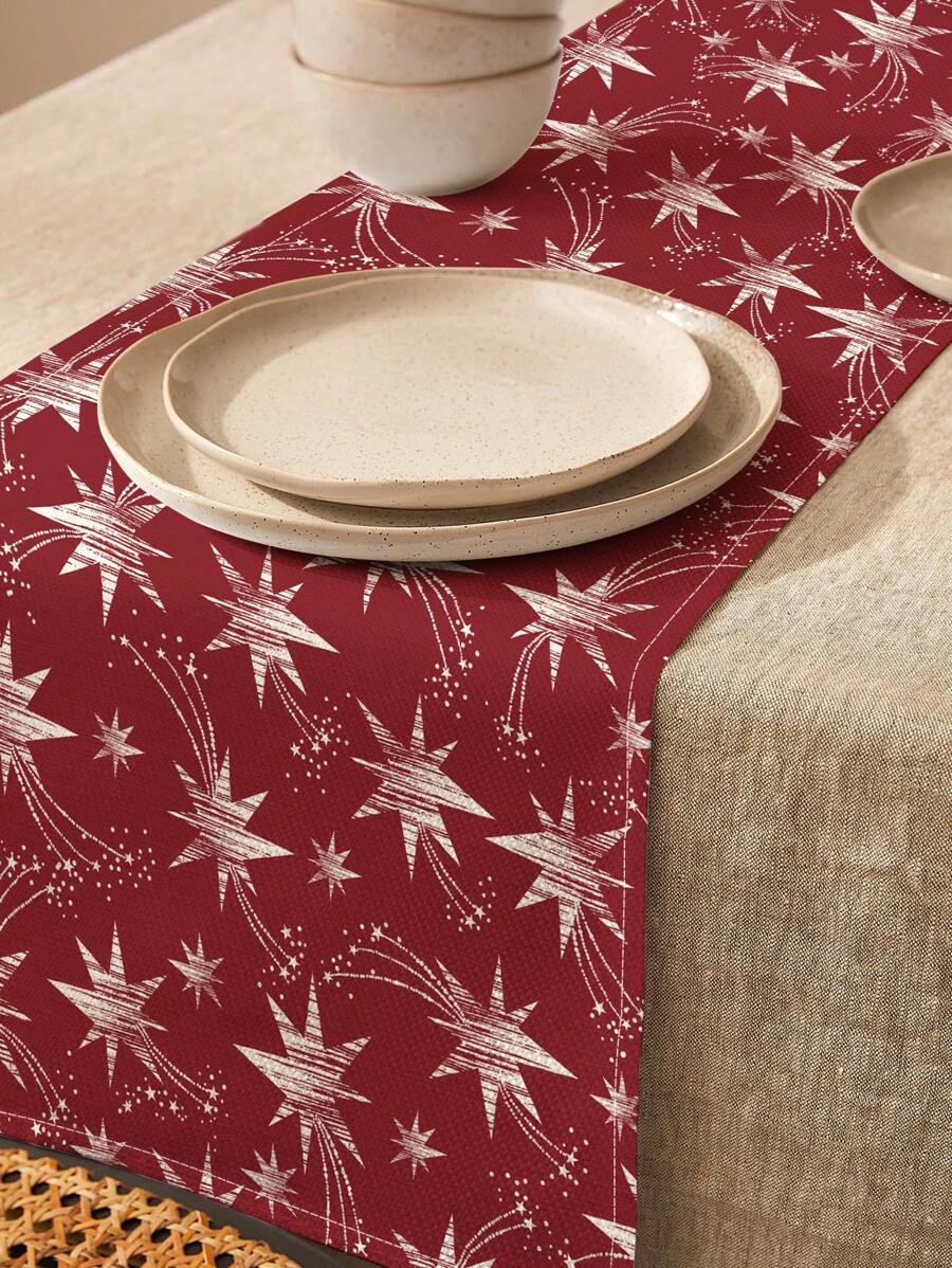 闪闪发光的流星印花亚麻圣诞桌旗，适用于日常厨房、餐厅、桌面装饰、鞋柜、储物柜盖 - 彩色 - 查看 1