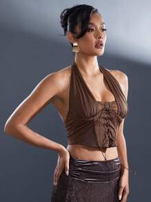 Hauture Halter Neck Lace Insert Lace Up Corset Top - Chocolate Brown - View 3