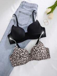 Bare Chapter 2pcs Plus Size Curve Leopard Underwire Push Up T-Shirt Bra With Washable Rhinestones Strap, Lift ClassicAnimalPrint - Multicolor - View 4