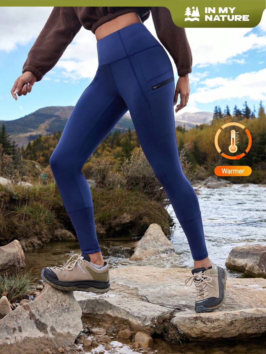 In My Nature 女士高弹力保暖内衬紧身裤，适合户外露营徒步城市通勤、提臀裤 - 藏蓝色 - 查看 1