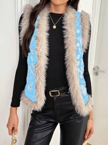 SHEIN Unity 女士冬季服装花卉拼布蓬松背心，时尚加厚棉服外套 - 淺藍色 - 查看 5