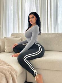 SHEIN SXY 性感 V 领灰色舒适休闲长袖紧身衣，秋冬 - 灰色 - 查看 6