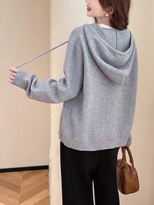 Casual Hooded Zip-Up Cardigan With Embroidery Design On Front - Grey - View 2