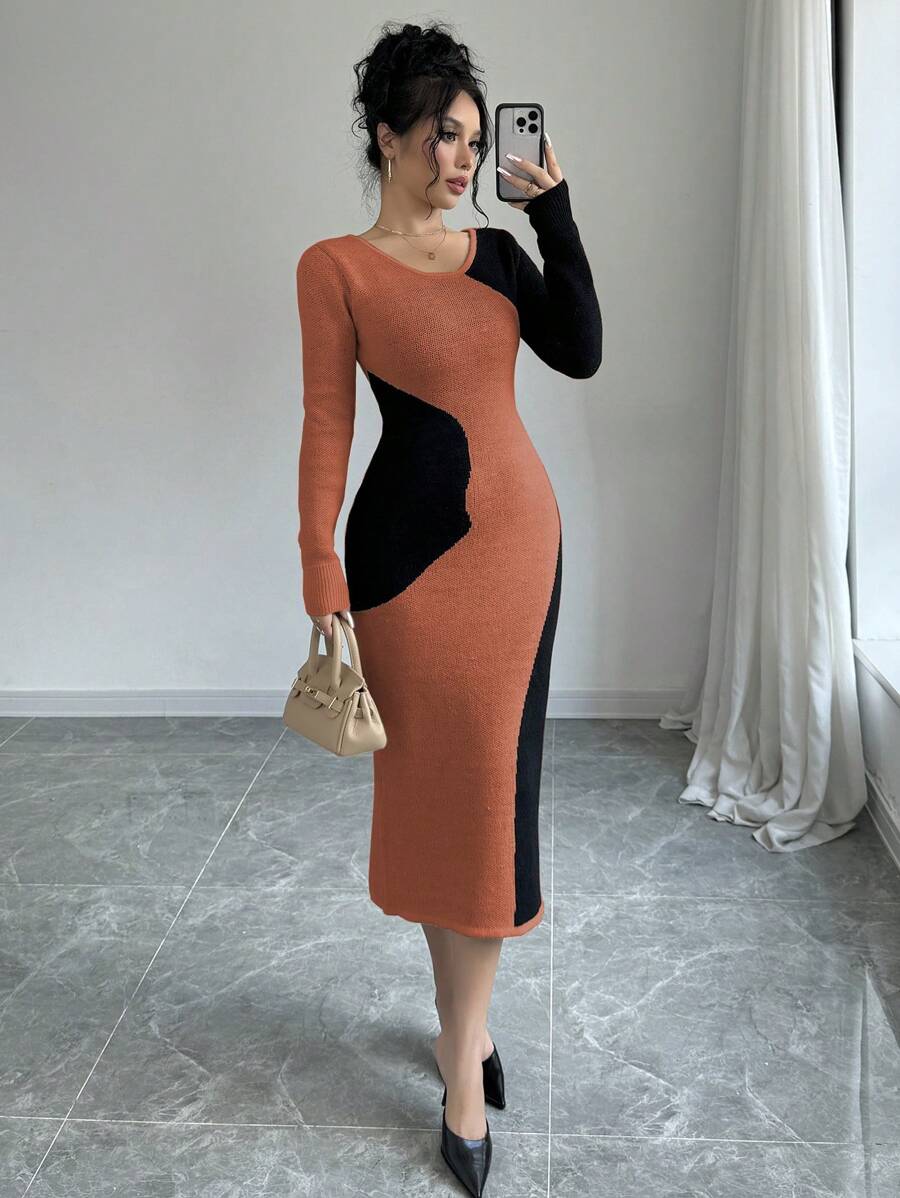 Elenzga 女式拼色拼接圆领长袖休闲针织毛衣连衣裙 - 亮橙色 - 查看 1