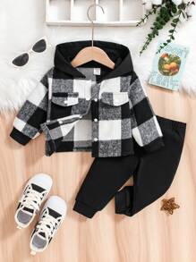 SHEIN Explorewe 2 件套女婴格子图案经典别致运动可爱服装，洋红色，适合秋冬季日常穿着 - 彩色 - 查看 7