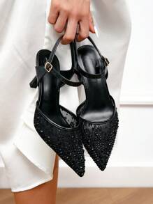 CUCCOO HITCHD 女士尖头高跟鞋蕾丝水钻优雅派对晚会婚礼高跟鞋 - 黑色 - 查看 2