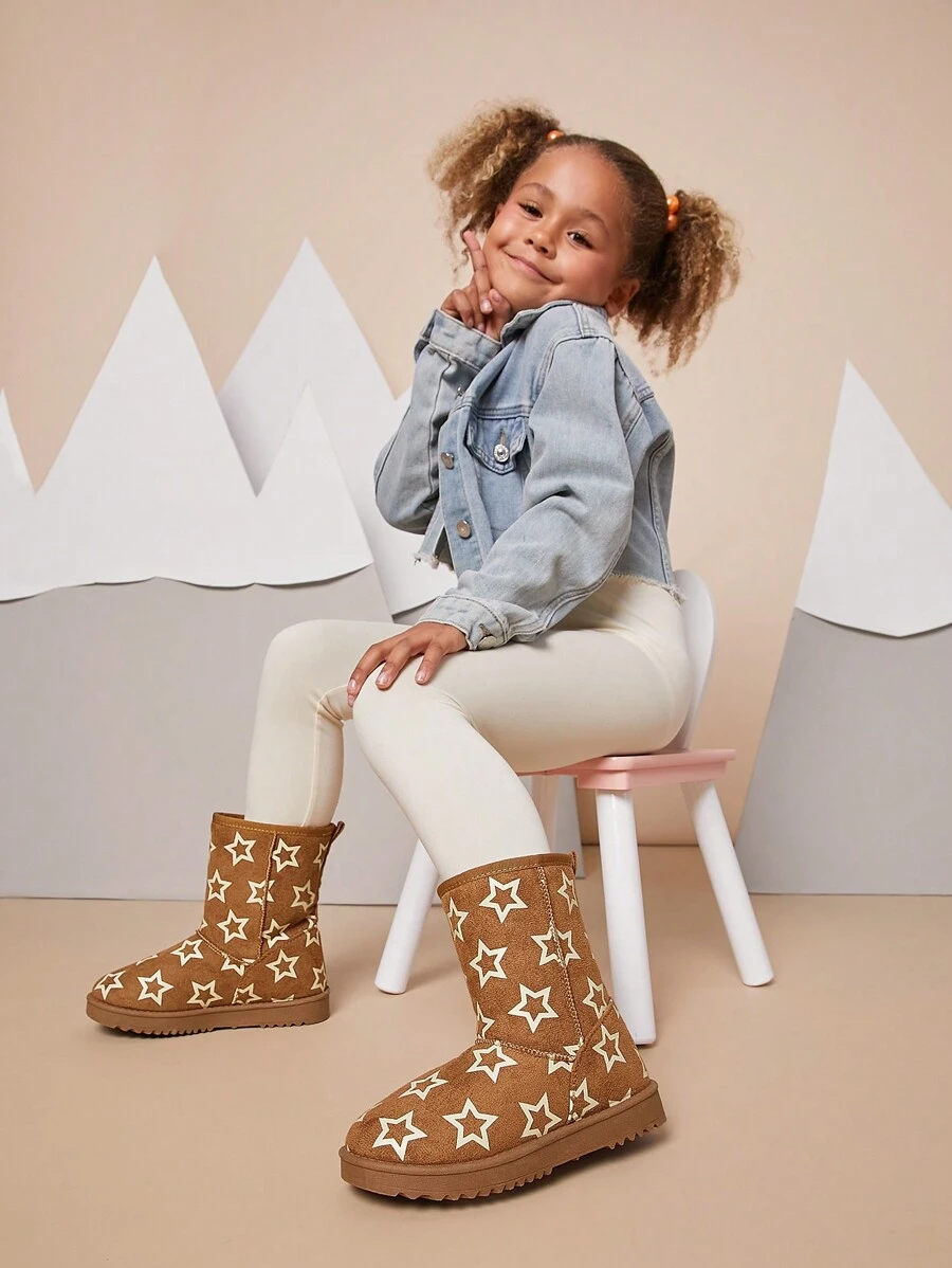 Mini mi Top Holiday Gift Picks For Kids Chestnut Classic Mid-Calf Slip On Snow Boots With Iridescent Stars-Qute& Cozy,Pull On Winter Boots - Camel - View 1