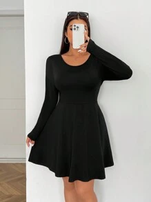 SHEIN EZwear Plus Size Women Dresses Winter,Long Sleeve Dresses Woman,Solid Color Crew Neck Casual Short Dress,Graduation Dress - Black - View 4