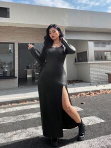 SHEIN EZwear 大码女士冬季连衣裙，女士长袖连衣裙，休闲连衣裙，皮革连衣裙，秋季黑色 PU 皮革材质裙子 - 黑色 - 查看 6