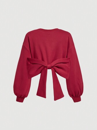 SHEIN MOD Weißer Langarm Lässig Sweatshirt mit großer Schleife Dekoration auf dem Rücken