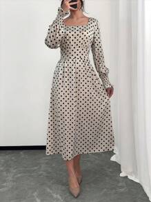 Chiquease 女士优雅长款圆点灯笼袖连衣裙超长款女装 - 杏色 - 查看 3