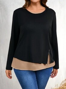 Plus Size Women's Round Neck Long Sleeve Casual Solid Color Patchwork Top - Apricot - View 5