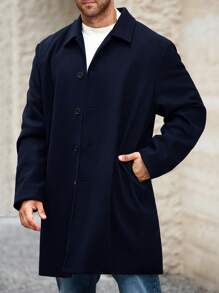 Manfinity Homme 大码男士纯色领长袖休闲外套，秋冬款 - 藍色 - 查看 3