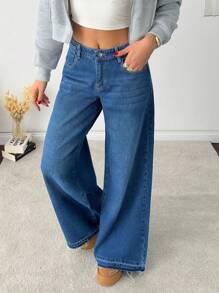 RueChic Casual Fashion Washed Mid-Waist Wide Leg Jeans