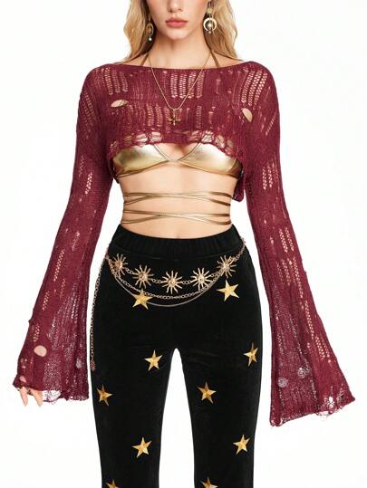 Fairycore Damen Herbst/Winter Pullover mit Rundhalsausschnitt, Drop-Shoulder, Langarm und Crop Destroyed-Design