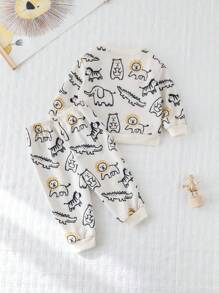 Cozy Pixies 2 Pcs/Set Toddler Boy Cartoon Animal Print Soft Knitted Drop Shoulder Crew Neck Sweatshirt And Drawstring Pants Set