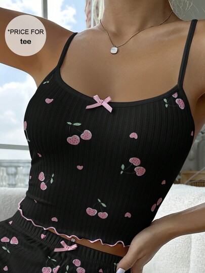 ZzzCrew Cherry Print Lettuce Trim Bow Front Cami Pajama Sleep Top