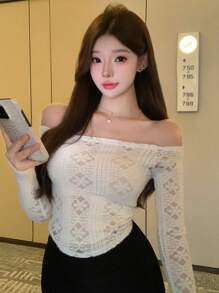 DAZY Women's Lace Off Shoulder Slim Fit Versatile T-Shirt, White, Spring/Summer
