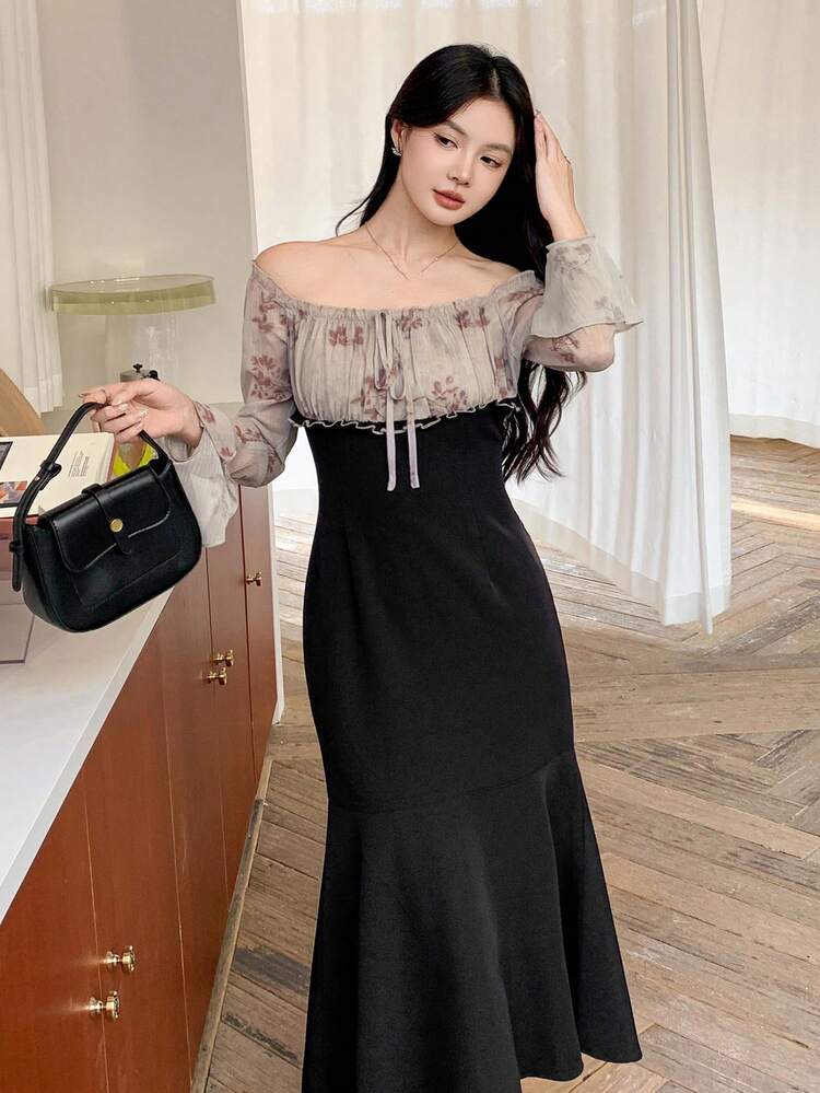 Women's Spring/Summer Patchwork Mid-Length Dress, Suitable For Valentine's Day Fall,Winter Off Shoulder Top Maxi Dress