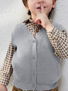 SHEIN 年轻男孩法式优雅棕色单排扣宽松无袖毛衣开衫，秋冬 - 灰色 - 查看 5