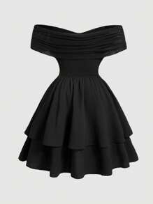 SHEIN Girlism Đầm dự tiệc màu trơn trễ vai cổ chữ thập nhún eo xếp lớp nhiều lớp cho bé gái tuổi teen - màu đen - Xem 2