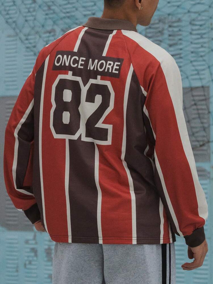 Men's Casual Loose Fit Letter & Striped Long Sleeve Polo Shirt, Autumn