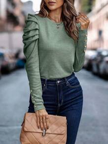 SHEIN Clasi Casual Solid Color Puff Sleeve T-Shirt, Versatile For Autumn - Mint Green - View 4