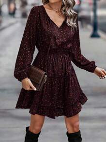 EMERY ROSE 滿版印花繫帶領荷葉邊連衣裙 - 酒紅色 - 查看 6