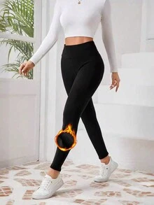 女士纯色高腰休闲保暖内衬紧身裤 - 黑色 - 查看 3