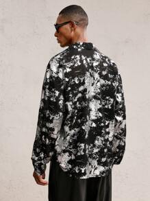 AKNOTIC Party 男士宽松银箔印花领长袖抽绳休闲透明衬衫，适合日常和派对穿着，派对老款男士宽松衬衫，可作为男友礼物 - 黑色 - 查看 7