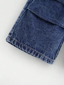 Cozy Pixies Baby Girl Street Style Washed Multi-Pocket Elastic Waist Wide Leg Cargo Denim Pants With Bowknot And Pleated, Year-Round Fashion Essential - Medium Wash - View 5