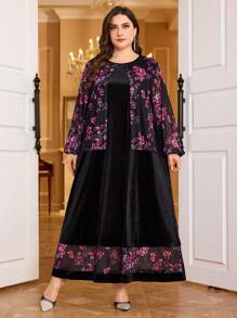 Modelyn Vestido largo de manga larga con estampado de malla, parche de terciopelo en estilo árabe para mujer de talla grande, vestido de noche largo