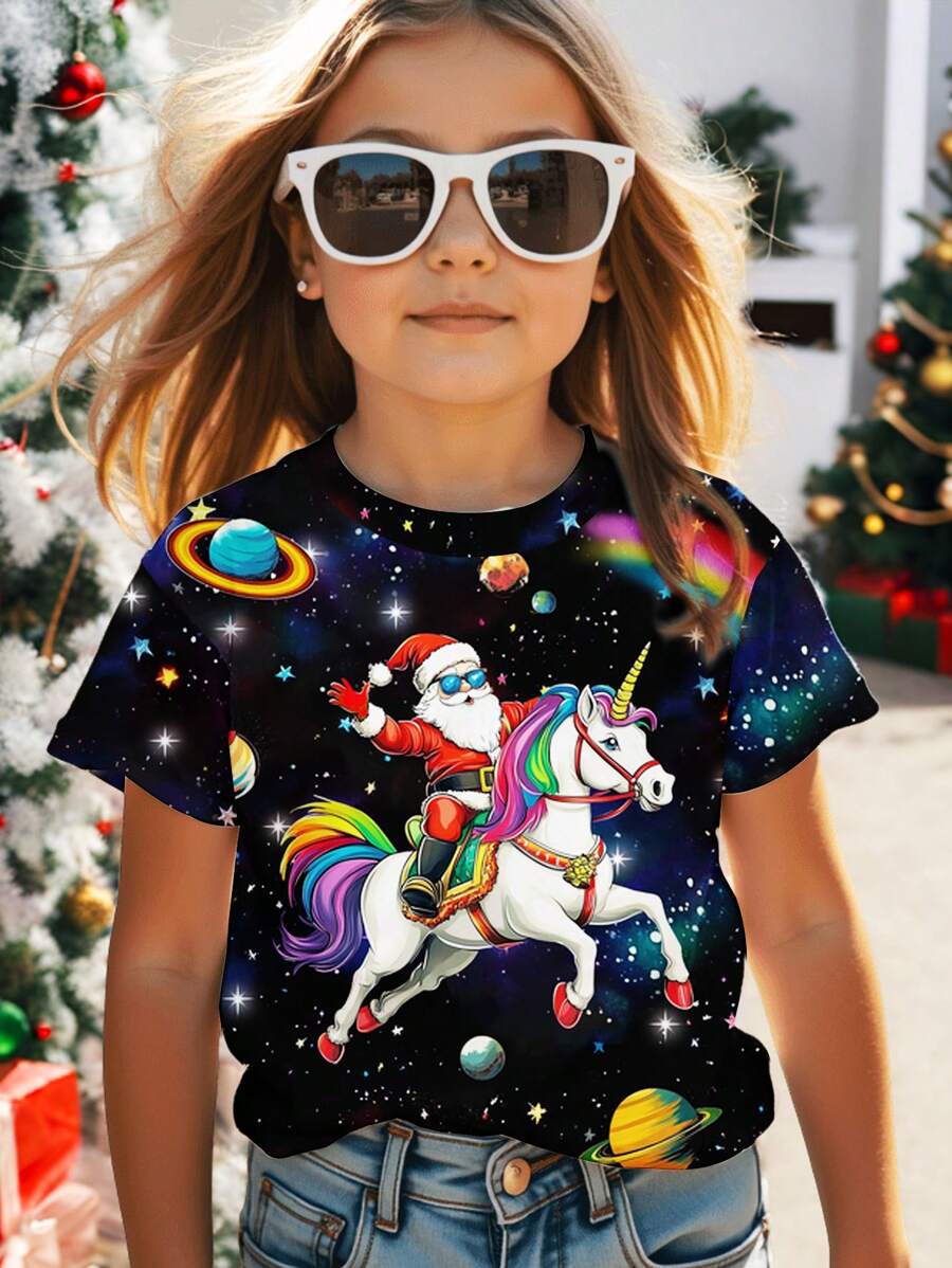 SHEIN 圣诞老人、独角兽、太空星印花“Merry And Bright”卫衣、圣诞卫衣、少女休闲简约圆领短袖T恤、适合夏季 - 彩色 - 查看 1