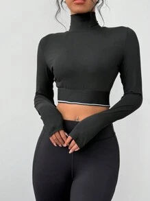 SHEIN BASICS 女士休闲纯色针织高领长袖镂空后背短款上衣 - 黑色 - 查看 7