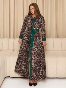 SHEIN Clasi Women's Long Leopard Print Color Block Shirt Collar Dress - Multicolor - View 1