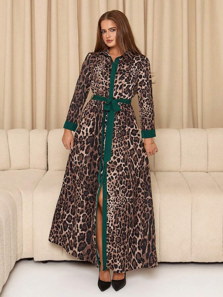 SHEIN Clasi Women's Long Leopard Print Color Block Shirt Collar Dress - Multicolor - View 1