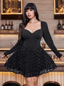 Allurite 大码黑色长袖迷你连衣裙，带 3D 玫瑰下摆喇叭裙，派对装 - 黑色 - 查看 5