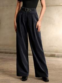 Anewsta Korean Style Loose Waist High Waist Versatile Draping Casual Corduroy Straight Leg Pants, Navy Blue