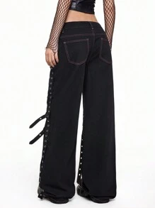 ROMWE Grunge Punk Women's PUNK Style Skeleton, Spider Web, Cross Print Patchwork Eyelet Belted Denim Jeans - Black - View 2