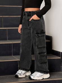 SHEIN Explorewe 年轻女孩复古风格实用工装口袋休闲舒适百搭宽松牛仔裤