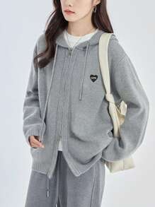 Casual Hooded Zip-Up Cardigan With Embroidery Design On Front - Grey - View 4