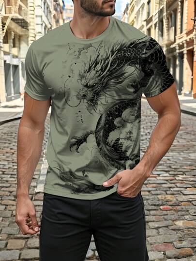 Manfinity LEGND Fashion Casual Chinese Ink Painting Dragon Element Print Standard Fit Men Short Sleeve T-Shirt