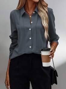 Opuloom Solid Button Front Shirt,Long Sleeve Tops Fall Cloth For Women - Dusty Blue - View 1