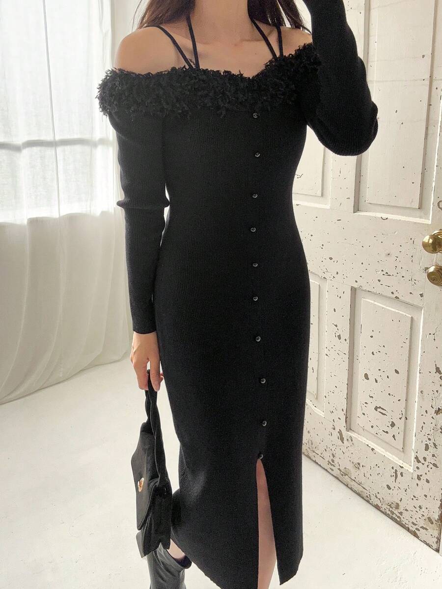 FRIFUL Women Autumn/Winter Solid Color Fluffy Splice Long Sleeve Form-Fitting Elegant Knitted Dress Women Sweater Dresses - Black - View 1